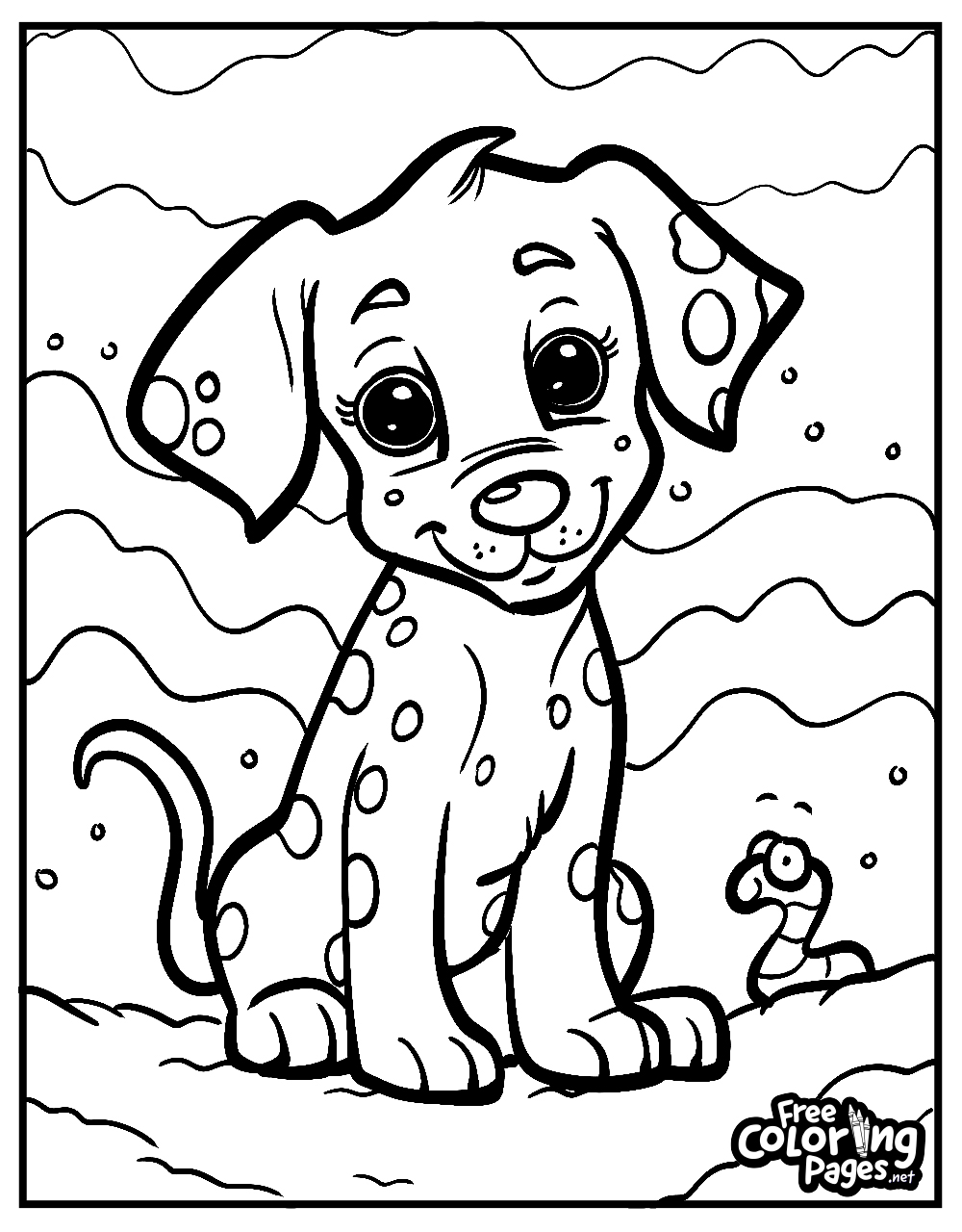 A dalmatian puppy surrounded by toys on a cute dog kids coloring page, also enjoyable as an adult coloring activity