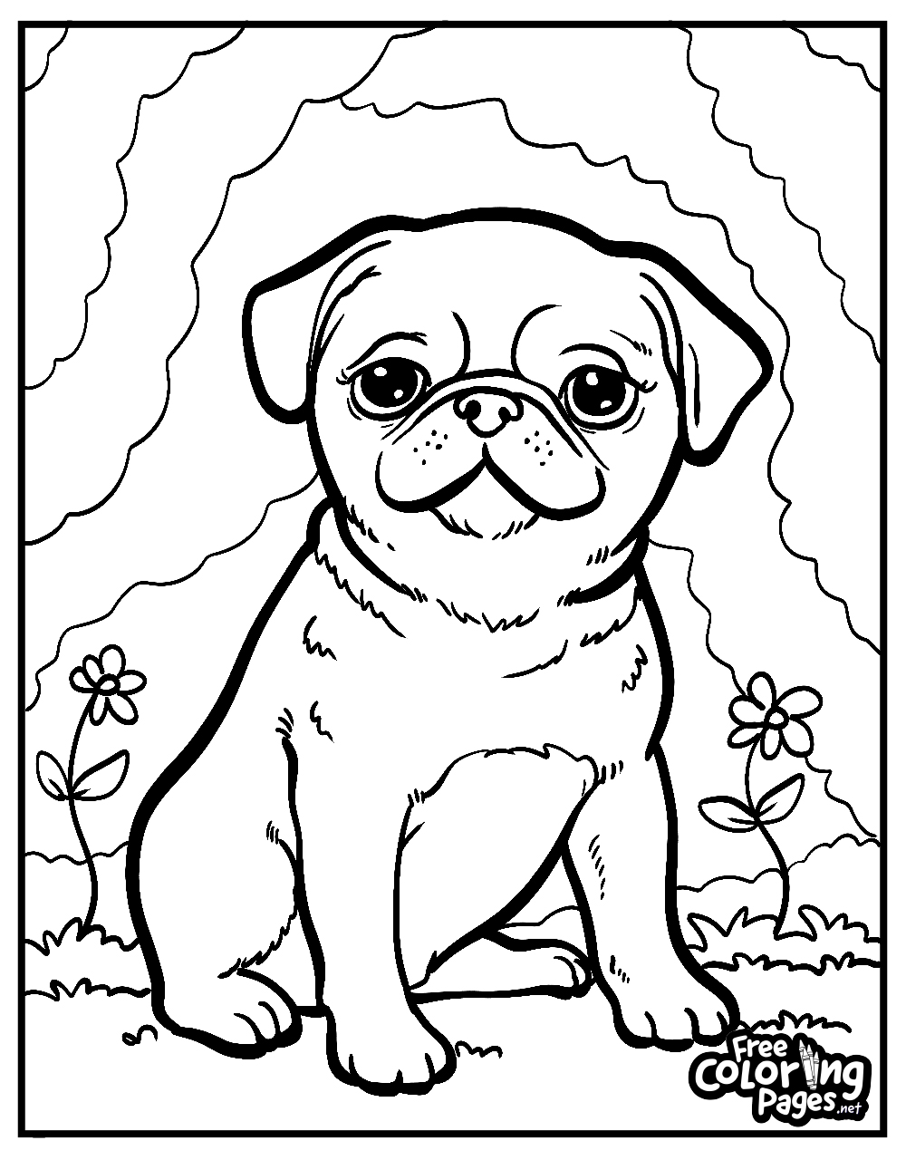 Cute dog adult coloring pages feature a contemplative pug in nature, inviting a peaceful coloring session