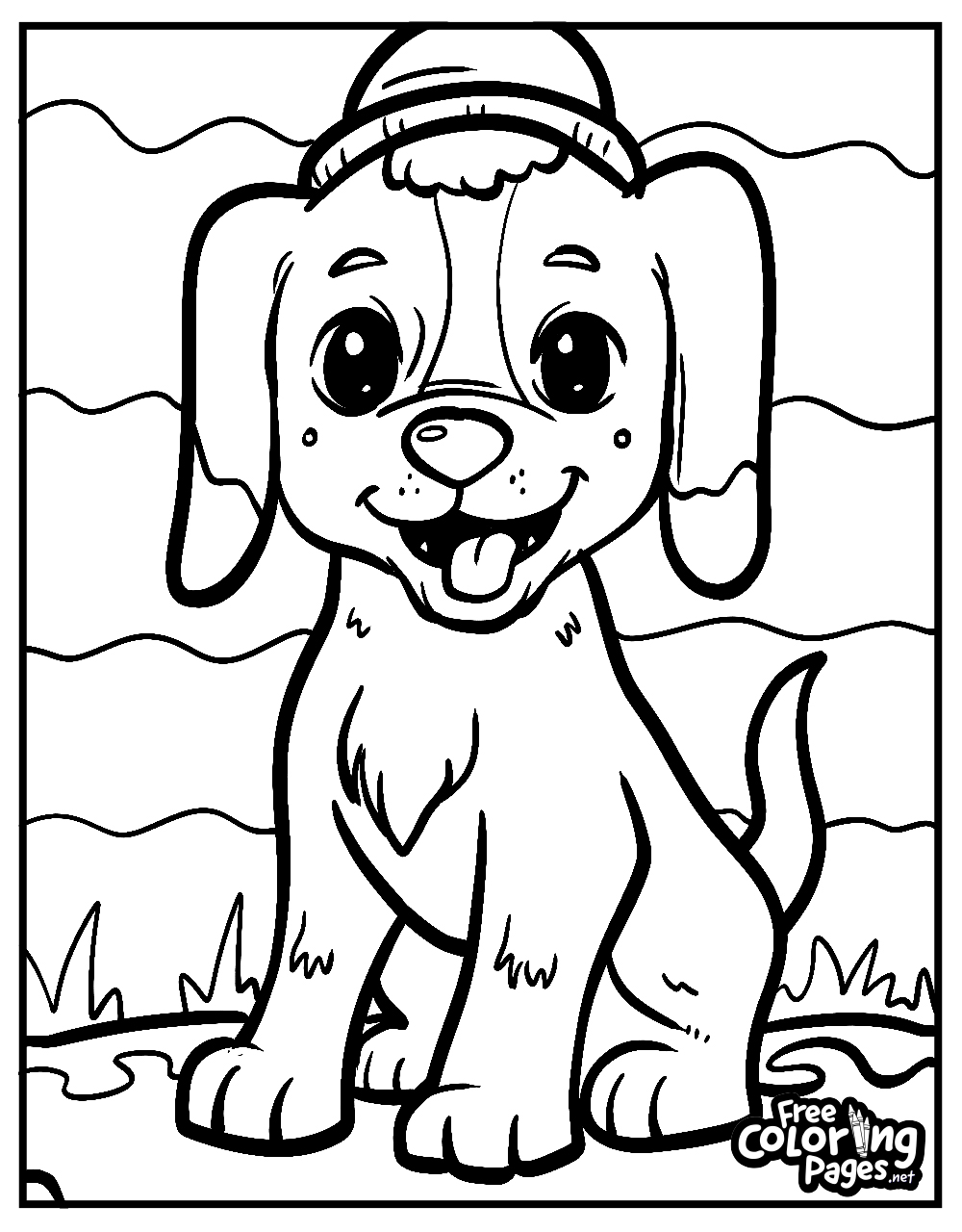 A lively puppy with a cap on our cute dog easy coloring pages, also a delightful choice for adult coloring enthusiasts