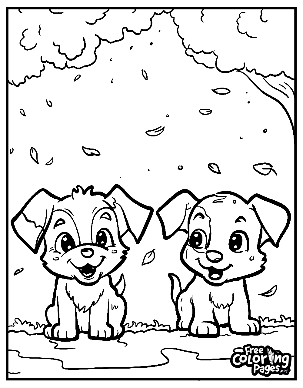 Cute dog free printable coloring pages showcase two playful puppies among falling leaves, great for kids and adults alike