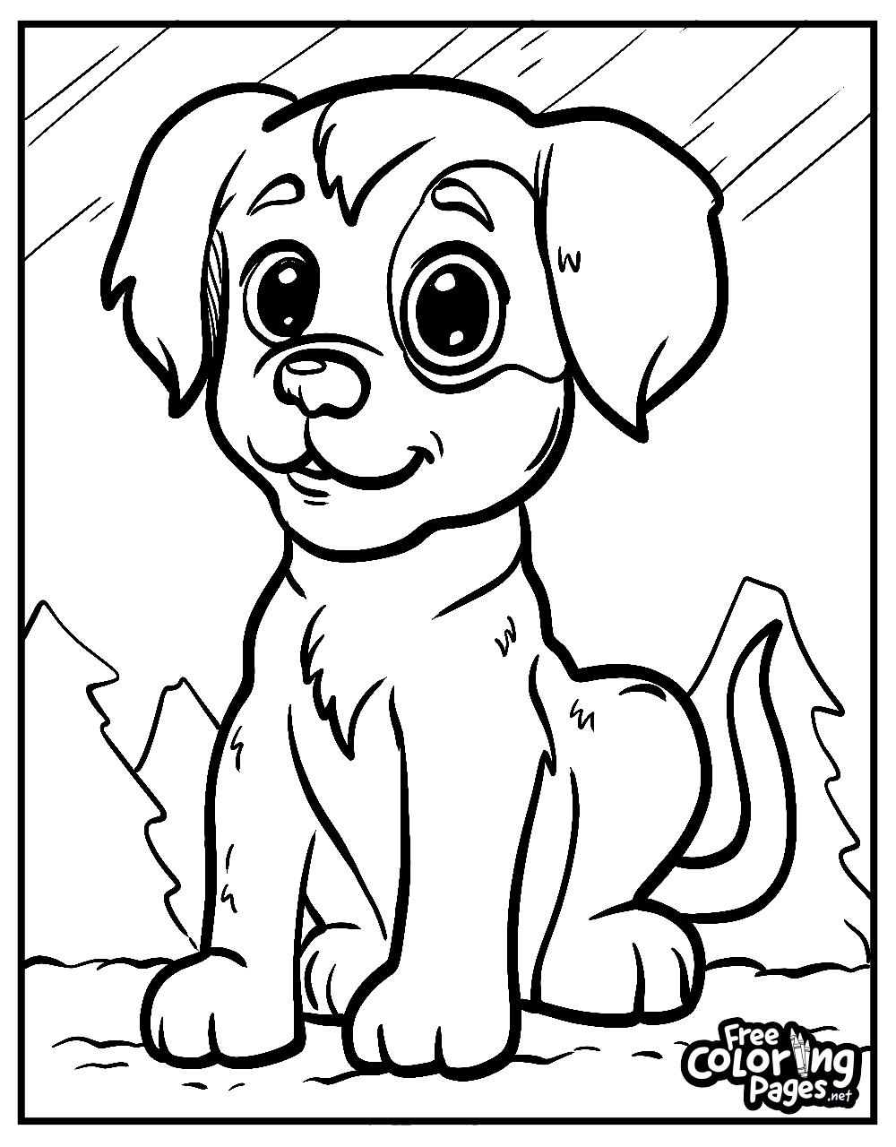 Cute dog coloring sheets for kids depict a joyful puppy enjoying raindrops, also a serene choice for adult coloring pages