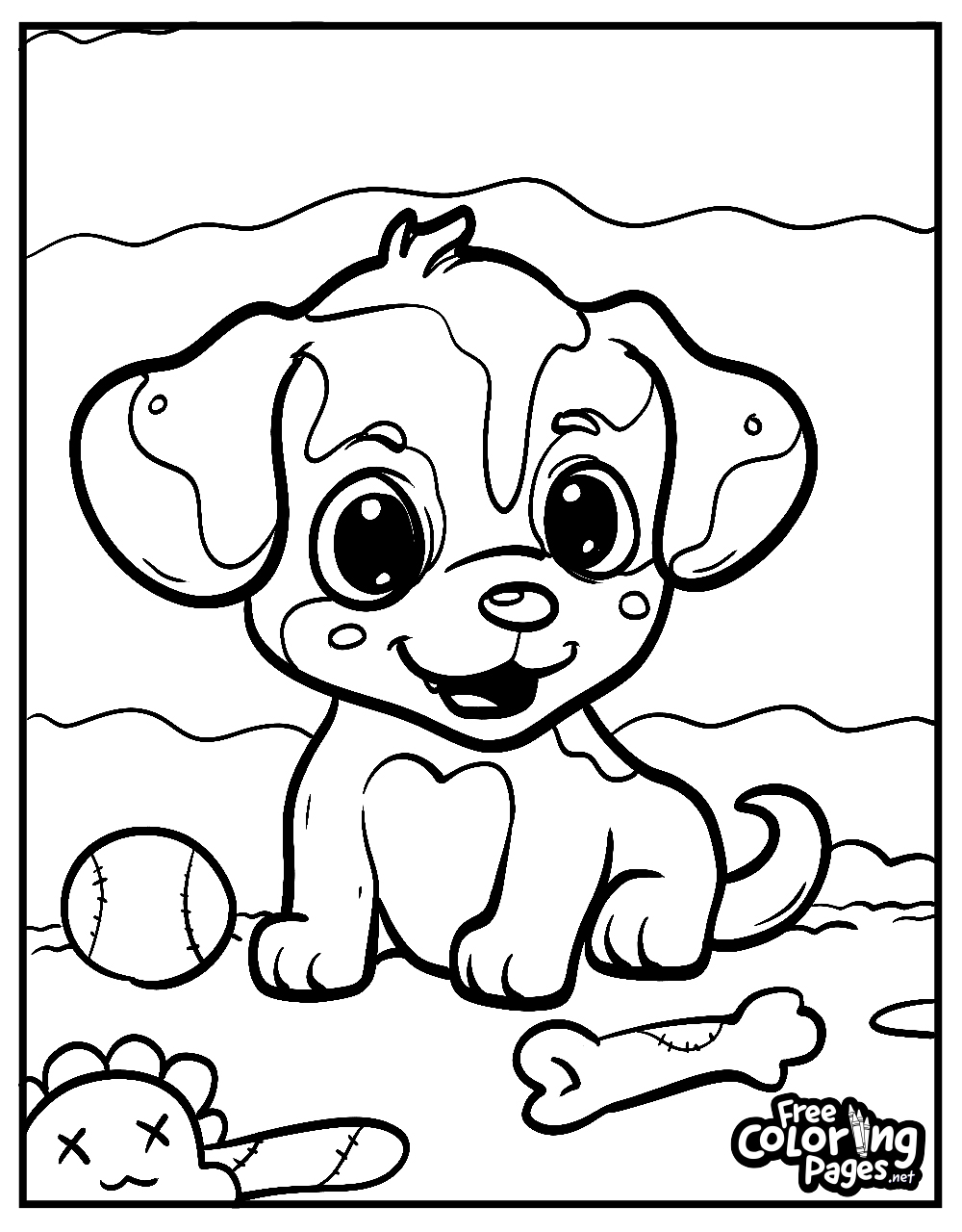 Cute dog coloring pages for kids feature an eager puppy with its toys, ready for a coloring adventure