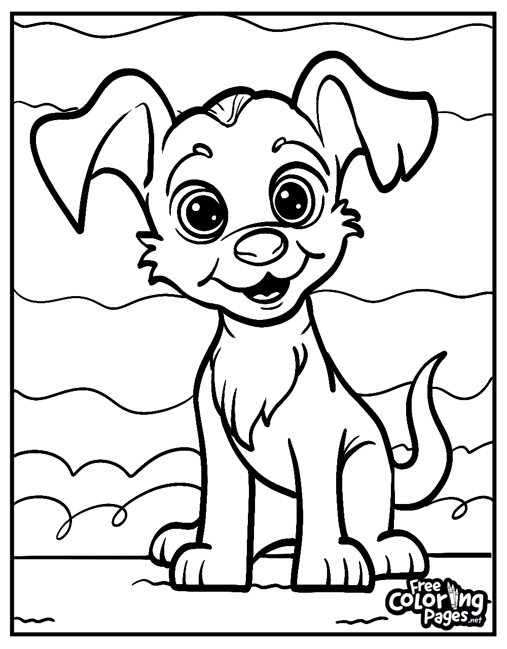 Cute dog coloring sheets display a puppy with perky ears, awaiting your colorful touch, ideal for kids and adults