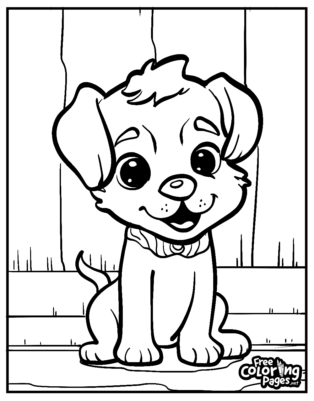 Cute dog coloring pages free download shows a hopeful puppy on a porch, a sweet scene for children and adult coloring books