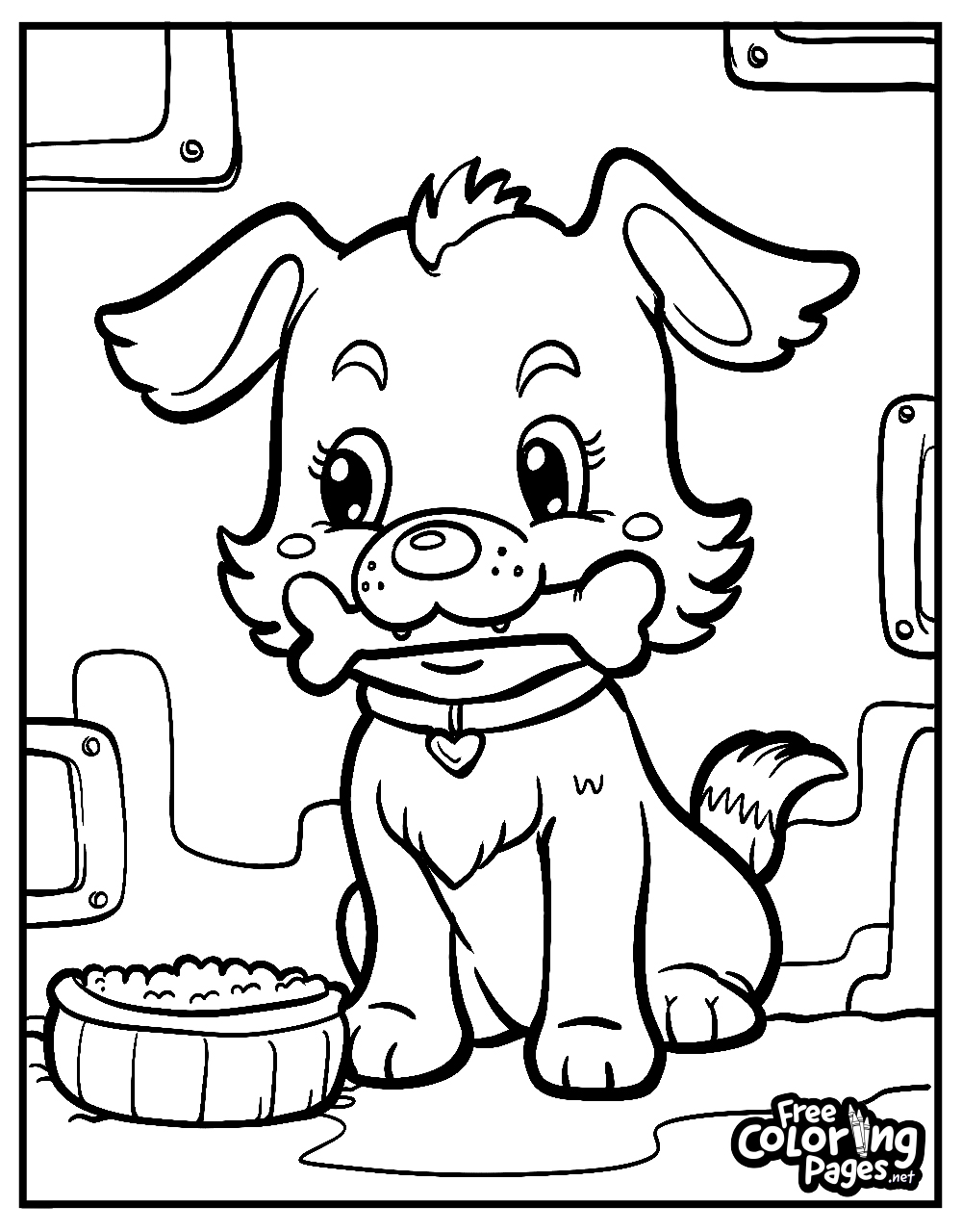 Cute dog adult coloring pages printable highlight a puppy at mealtime, a comforting image for a relaxing coloring experience