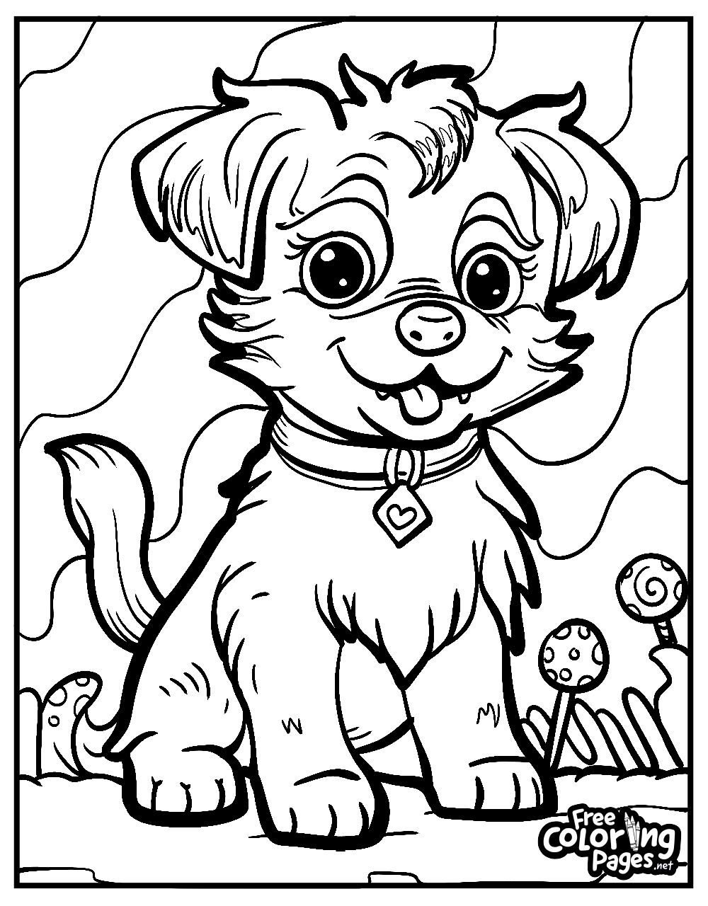 Cute dog free coloring pages printable invite you to an enchanted garden with a curious puppy, perfect for kids and adult coloring