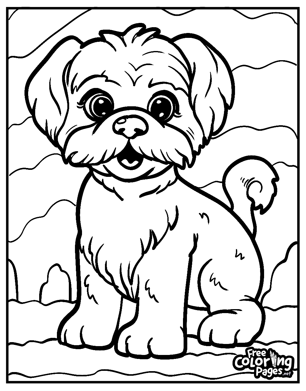 Shih Tzu puppy stands ready on a cute dogs coloring sheet, perfect for a child's coloring book or adult relaxation