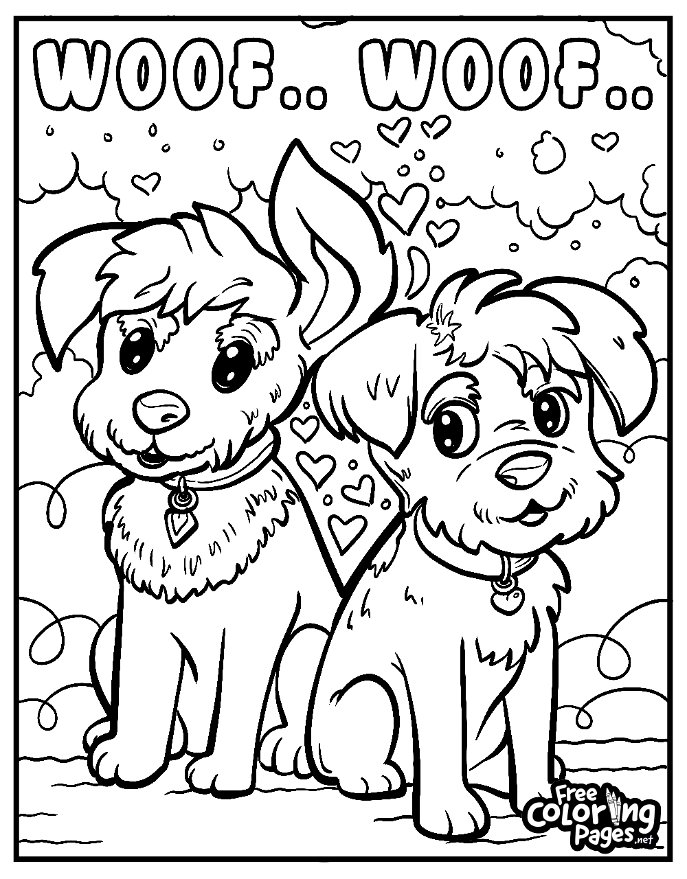Cute dog coloring pages for adults and kids feature two puppies sharing a scarf and the joy of saying 'Woof, Woof