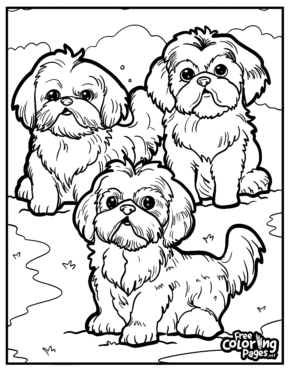 Cute dogs coloring pages for kids show three fluffy puppies among autumn leaves, also ideal as a printable adult coloring page