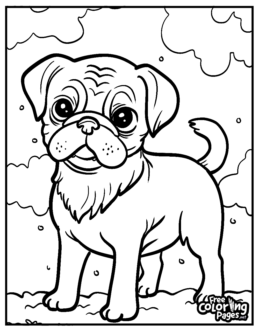 A cute dogs coloring sheet presents a bulldog puppy with a curious tilt of the head, ready to be brought to life with color