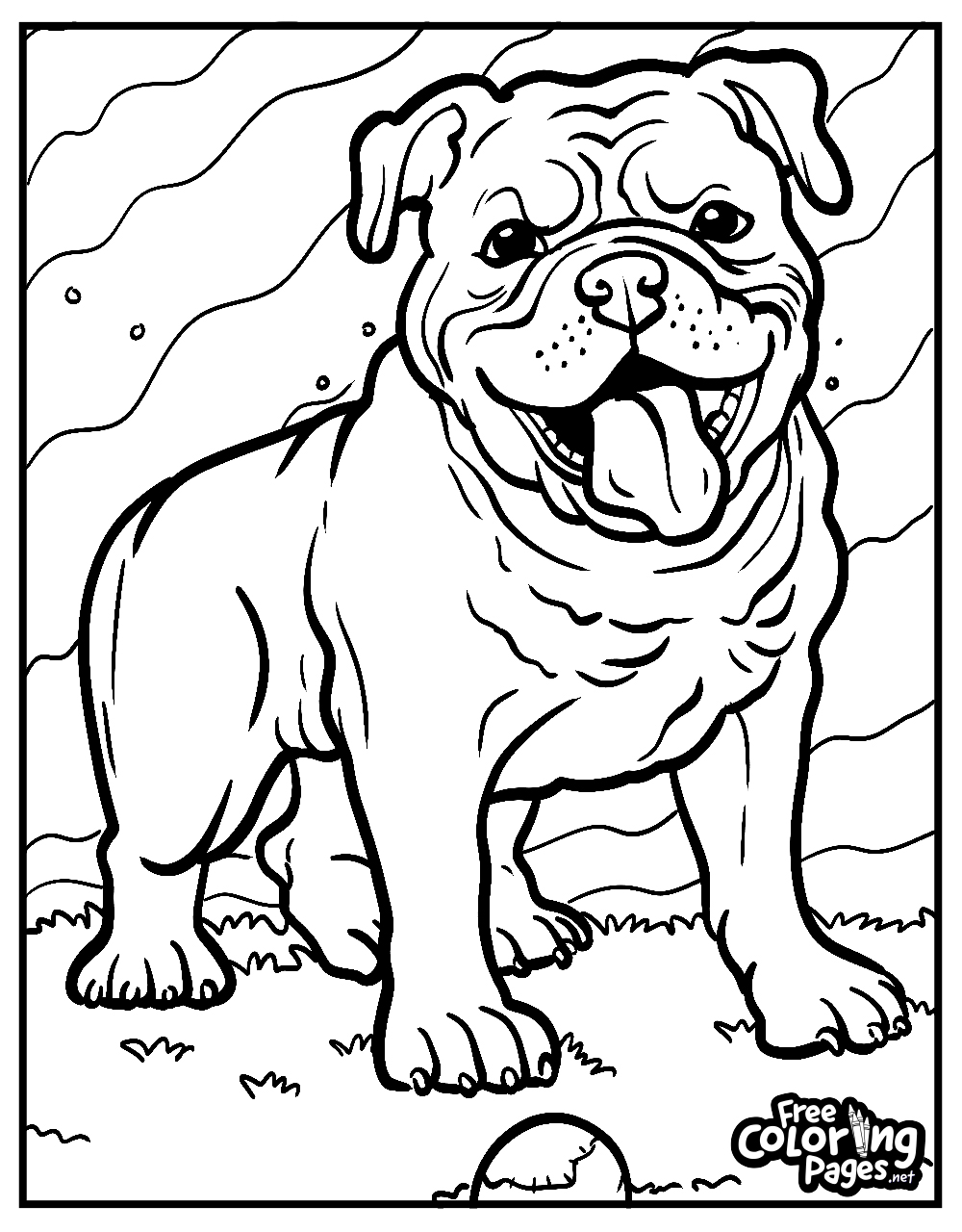 Cute dogs free coloring pages capture a smiling bulldog puppy, an inviting scene for kids' and adults' coloring fun