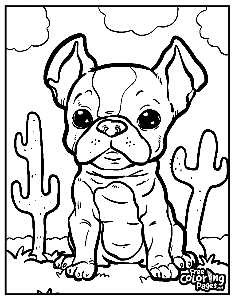 Printable cute dogs coloring pages for kids and adults featuring a French Bulldog pondering in a desert setting