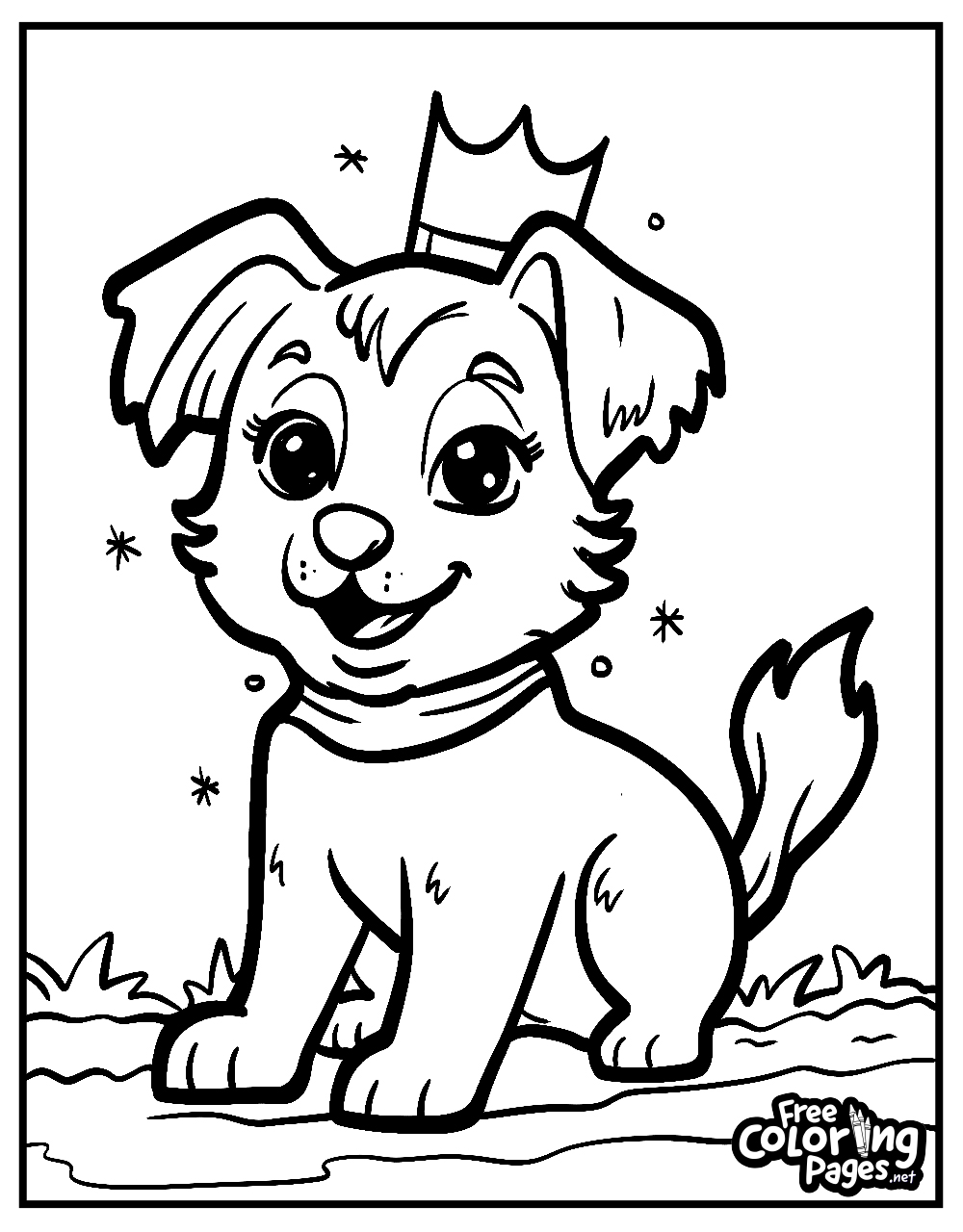 A royal puppy adorned with a crown sits in a snowy landscape on this cute dogs coloring page, filled with stars