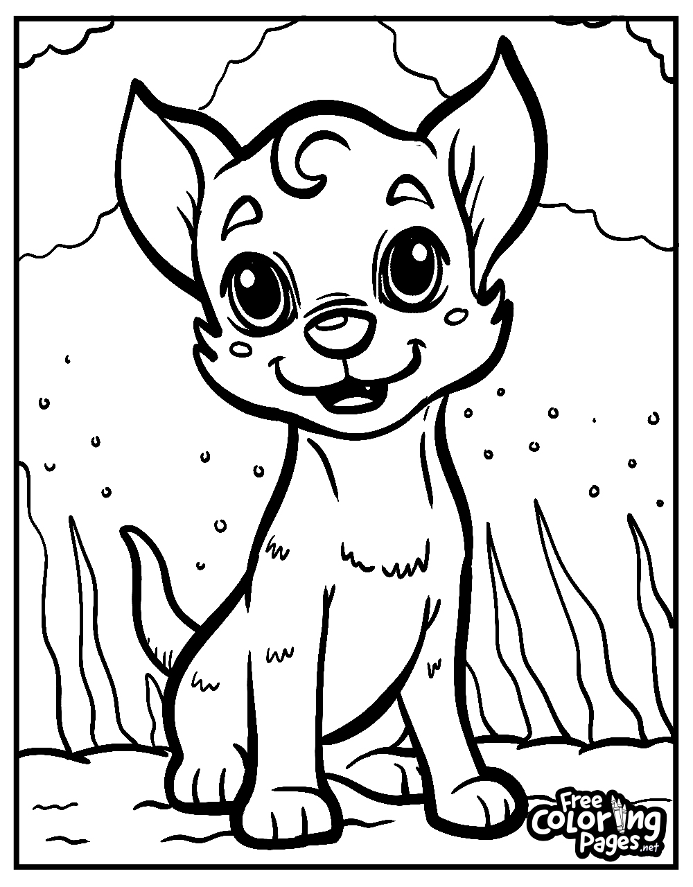 Cute dogs free coloring pages for kids present a happy puppy in a snowy scene, also suitable as an adult coloring page