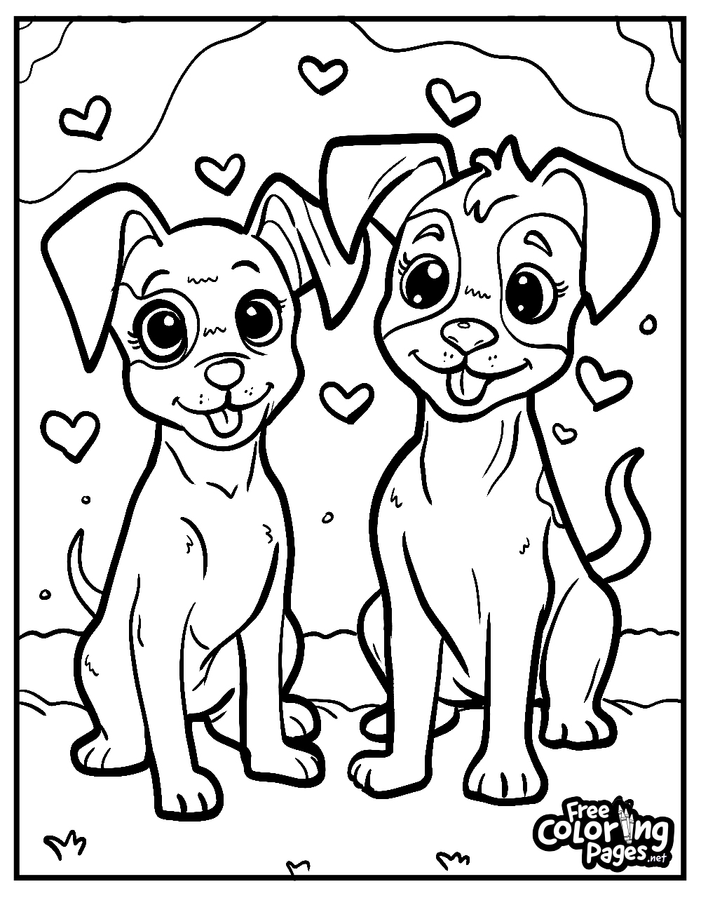 Cute dogs coloring pages show two puppies and hearts, illustrating friendship, perfect for a child's or adult's coloring book