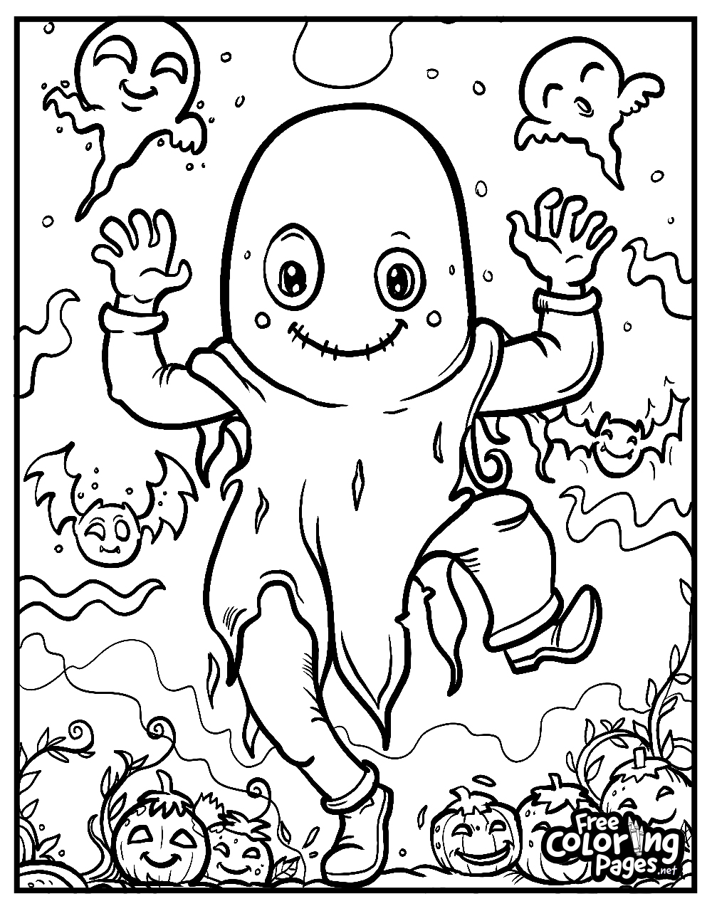 Gleeful ghost and carved pumpkins smiling on a cute Halloween coloring page