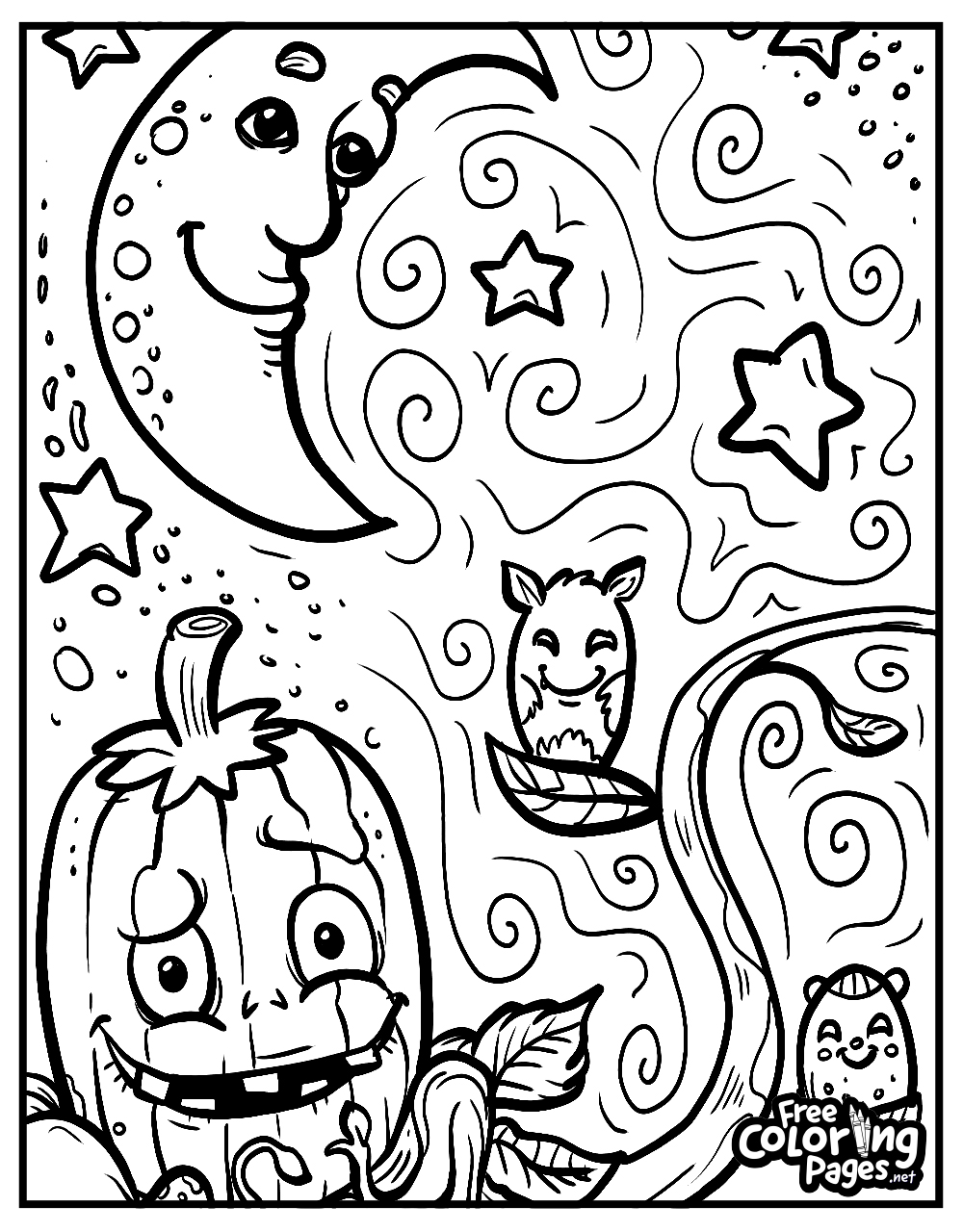 Thoughtful pumpkin under a smiling moon on a reflective adult Halloween coloring page
