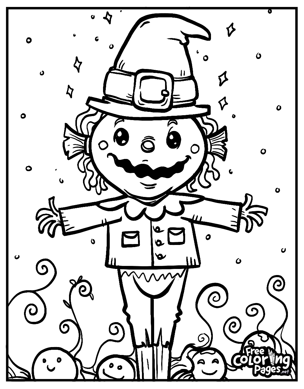 A smiling scarecrow wearing a witch's hat surrounded by playful pumpkins on a printable halloween coloring page
