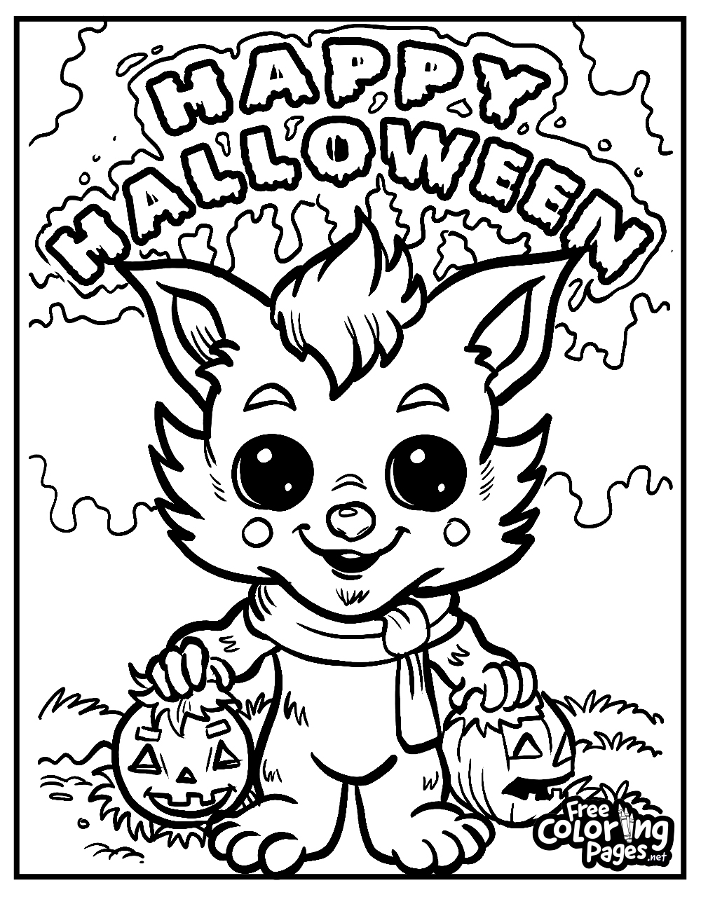 Cute kitten with a pumpkin basket under a Happy Halloween sign on a kid-friendly Halloween coloring page
