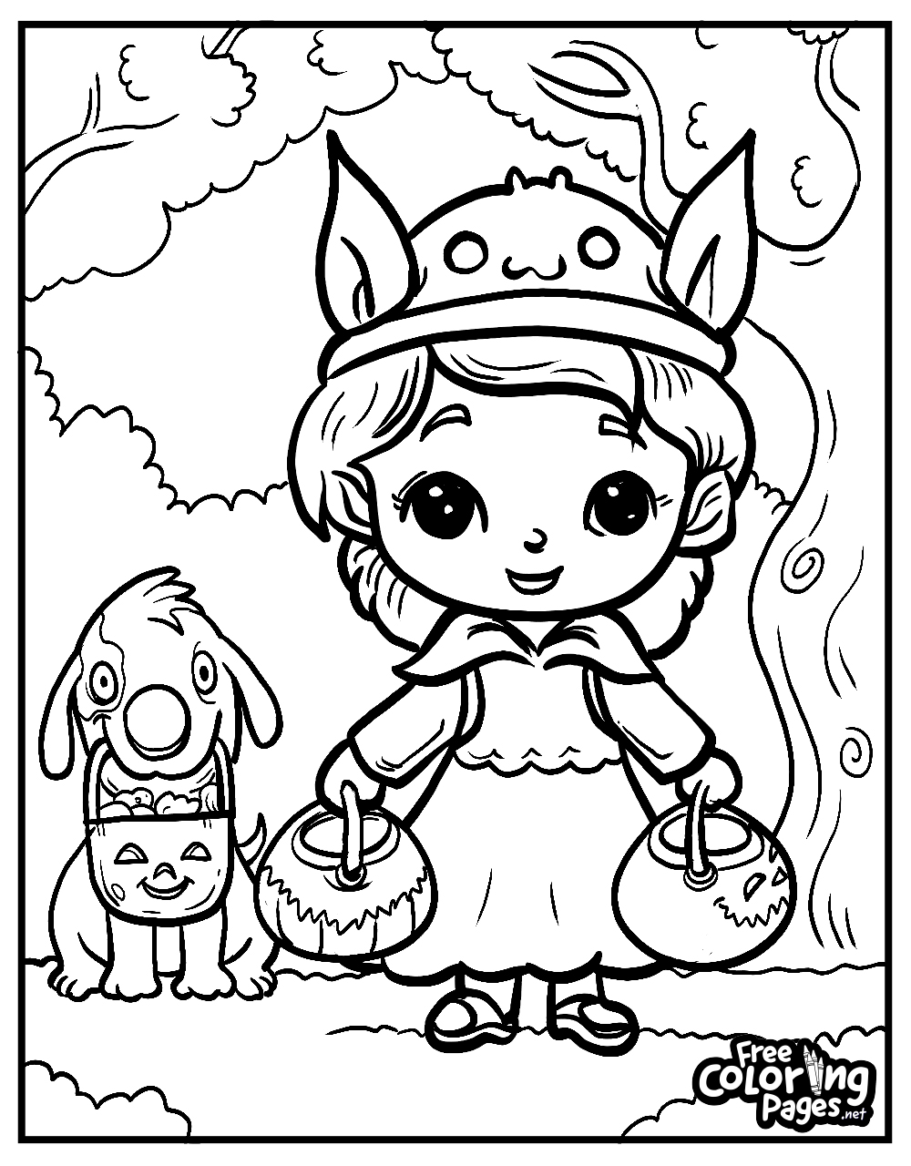 A girl and her dog in matching costumes ready for trick-or-treating on an easy Halloween coloring sheet