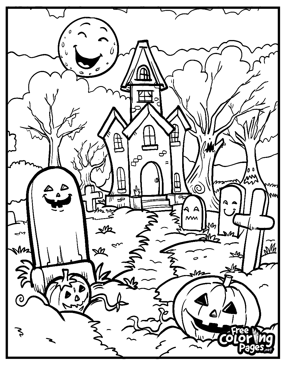 Carved pumpkin with a witch's hat and 'Trick or Treat' lettering on a Halloween printable coloring page