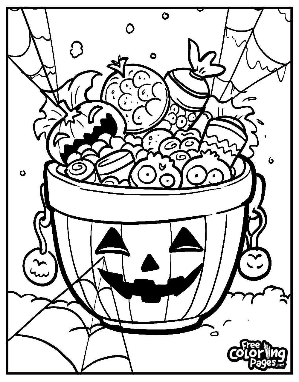 Friendly ghosts floating over a cozy graveyard in a cute Halloween coloring page