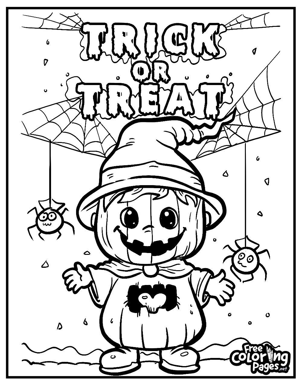 Charming haunted house with a friendly ghost and smiling pumpkins on a spooky Halloween coloring page