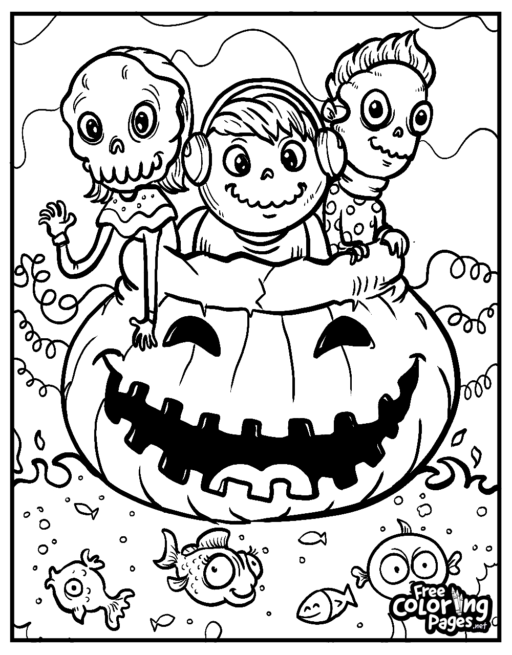 Children in Halloween costumes sitting inside a giant pumpkin on a festive coloring page