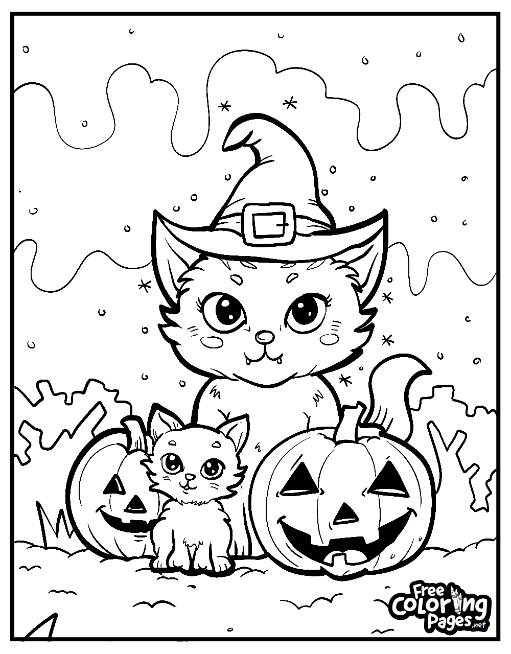 Curious kittens with Halloween pumpkins on a delightful coloring page for the spooky season