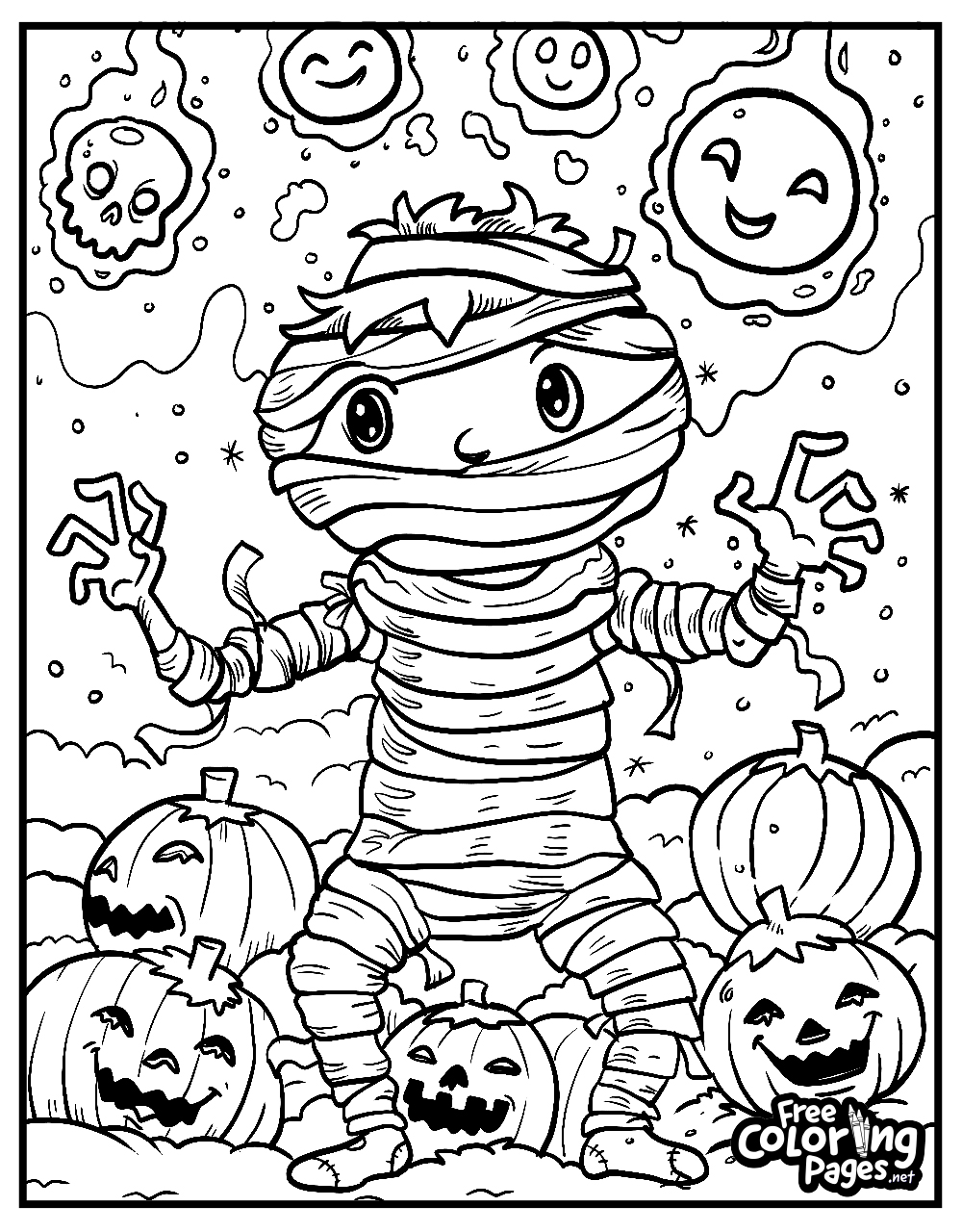 Friendly mummy with jack-o'-lanterns and ghosts on a children's Halloween coloring page