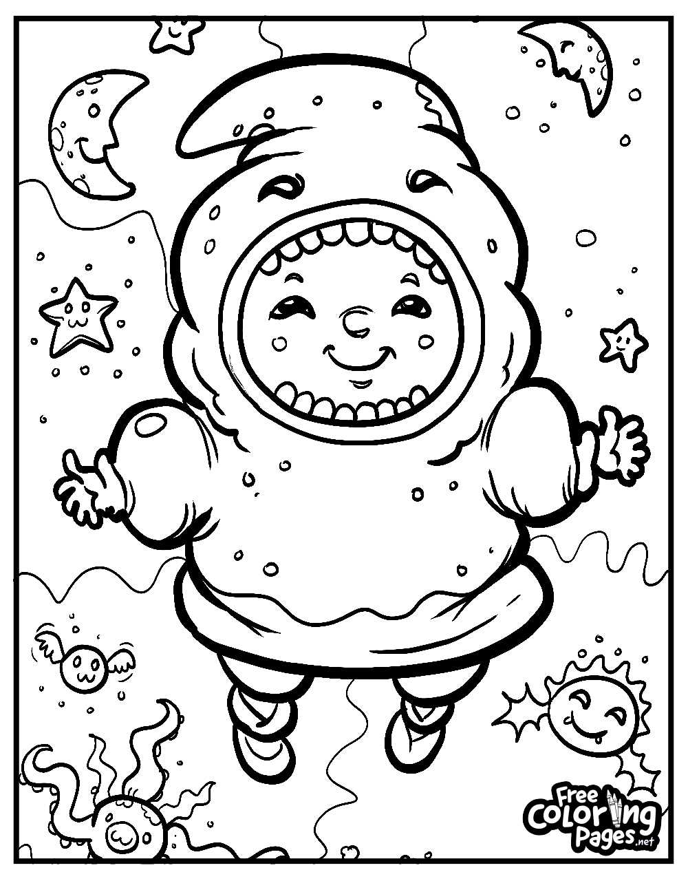 Child astronaut and alien friends on a space-themed Halloween printable coloring sheet