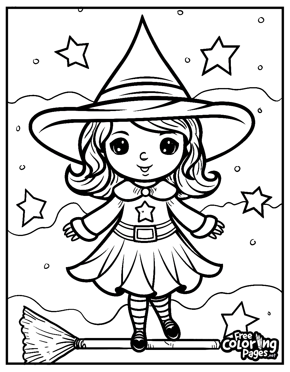 Little witch with sparkling stars on a magical free Halloween coloring page