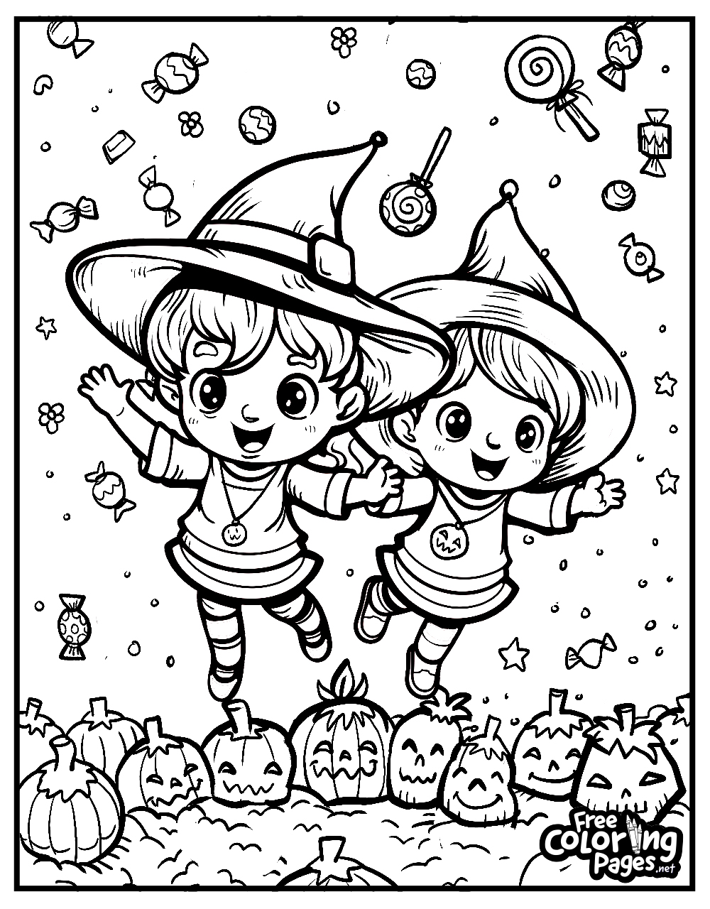 Happy witches with Halloween candy on a printable Halloween coloring sheet for kids
