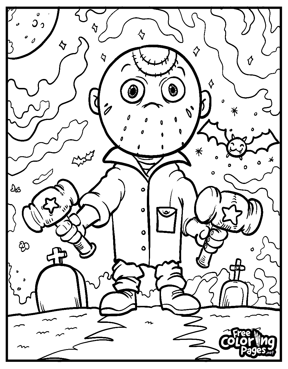 Gentle Frankenstein's monster in a graveyard on an adult Halloween coloring page