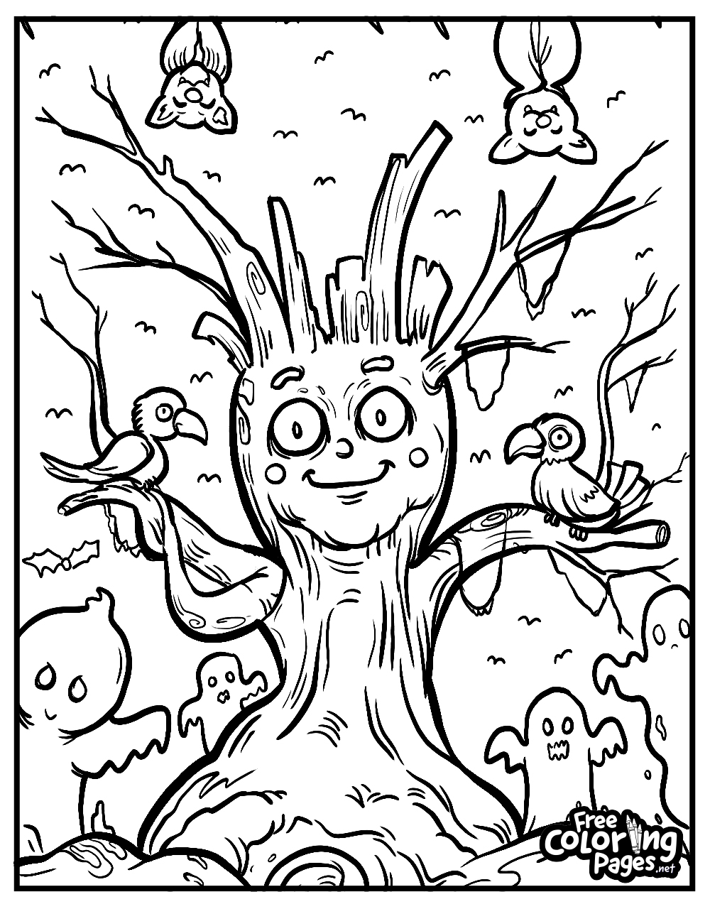 Enchanted Halloween tree with ghosts and birds on a spooky free printable coloring page