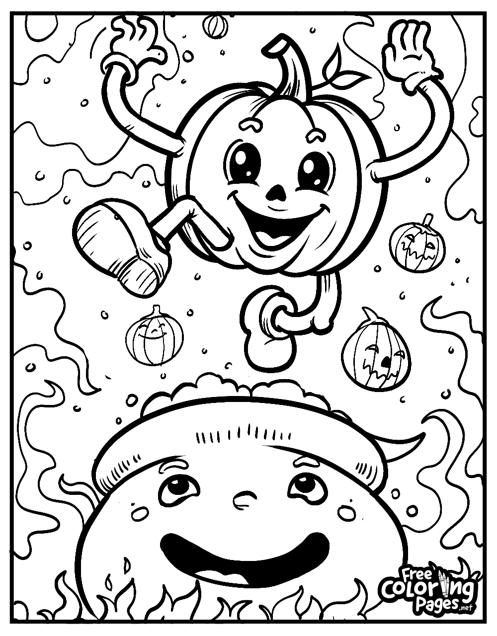 Smiling pumpkin and happy cupcake on a cute Halloween coloring page for children