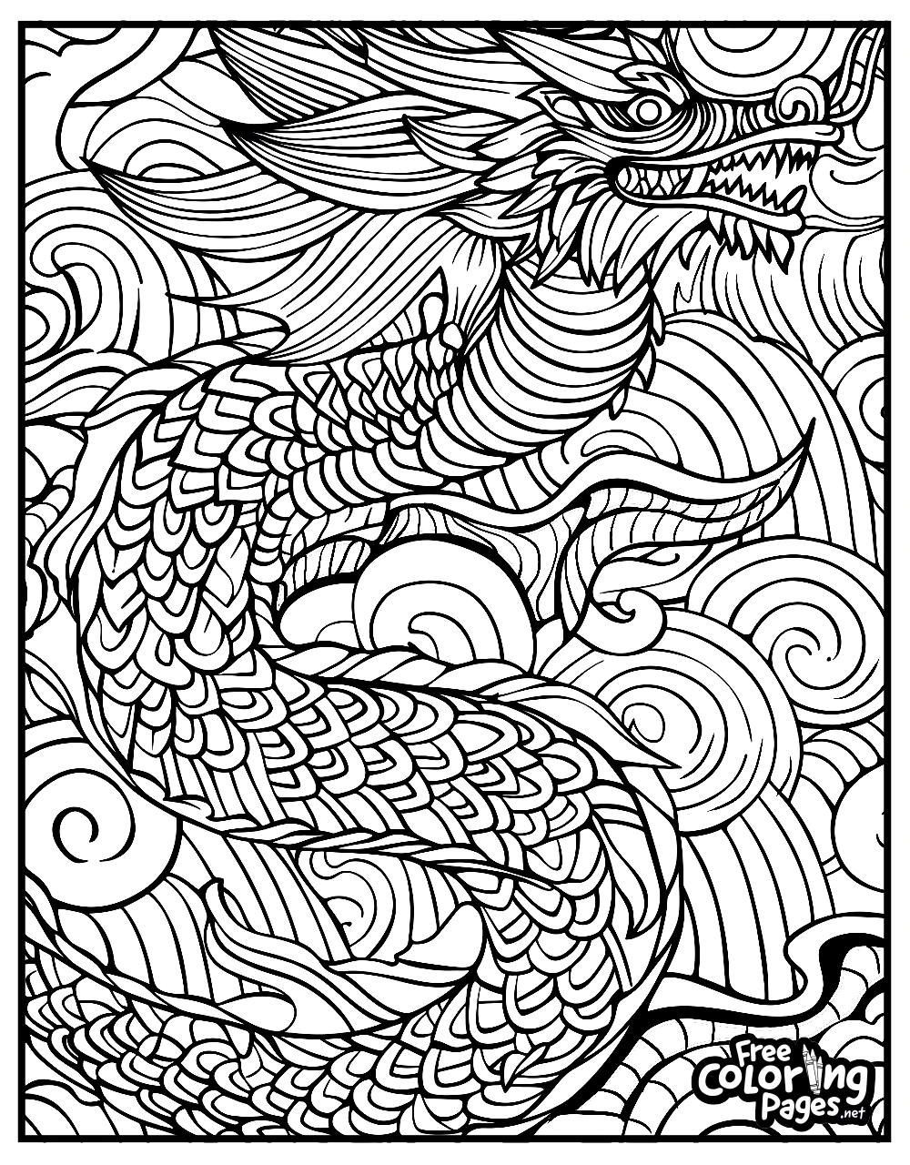A complex and hard coloring page featuring a mythical dragon amidst swirling clouds, challenging for adults and kids alike, ready for printable use