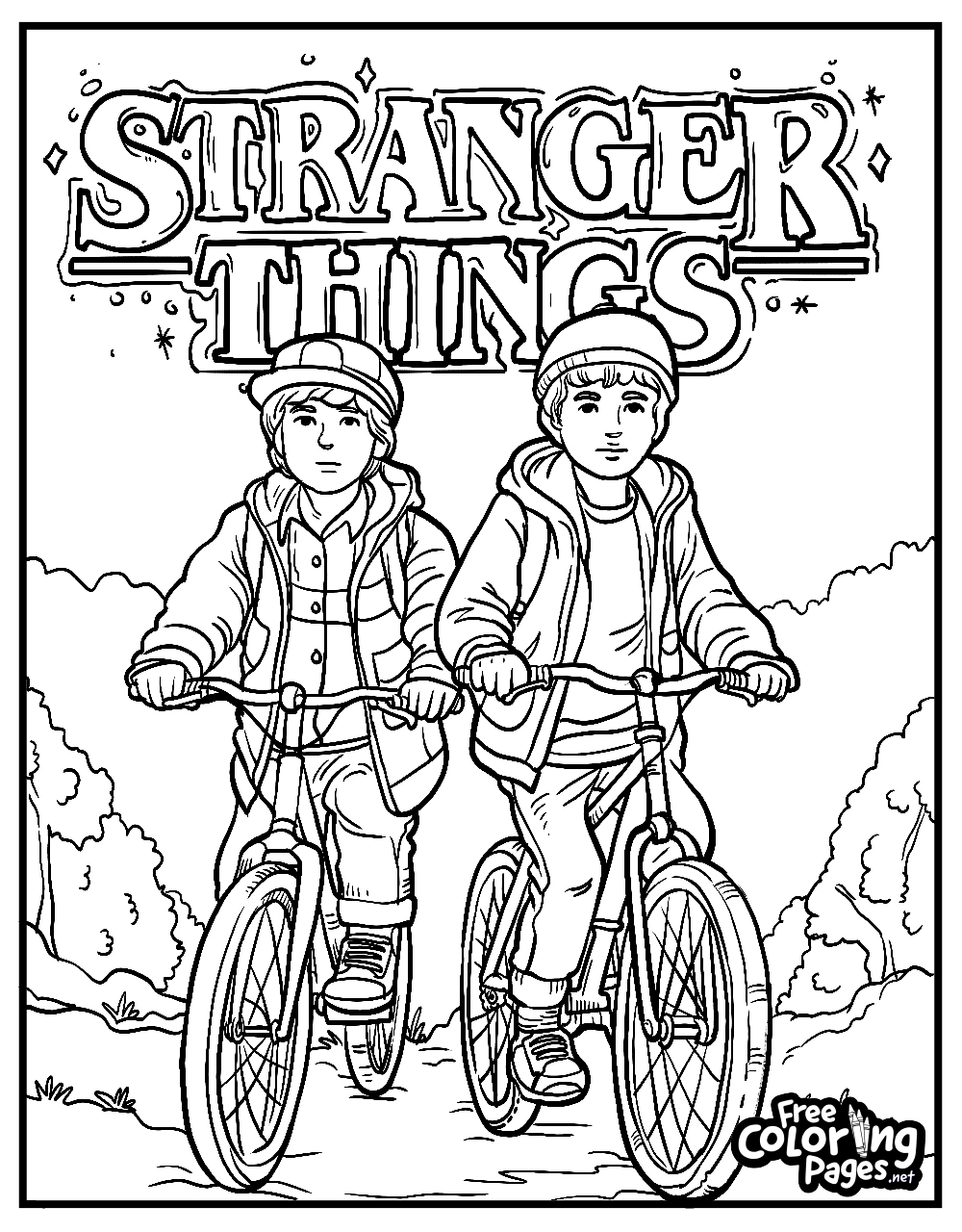 Halloween Stranger Things coloring pages featuring two characters on bicycles, with the series logo in the background, ready for a spooky adventure