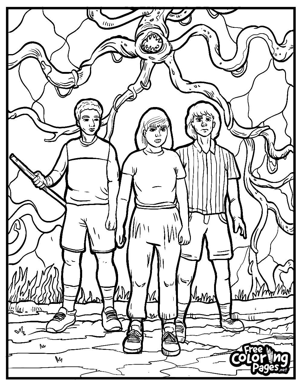 Halloween Stranger Things coloring page with a trio of characters and a monstrous creature overhead, inviting a thrilling coloring challenge