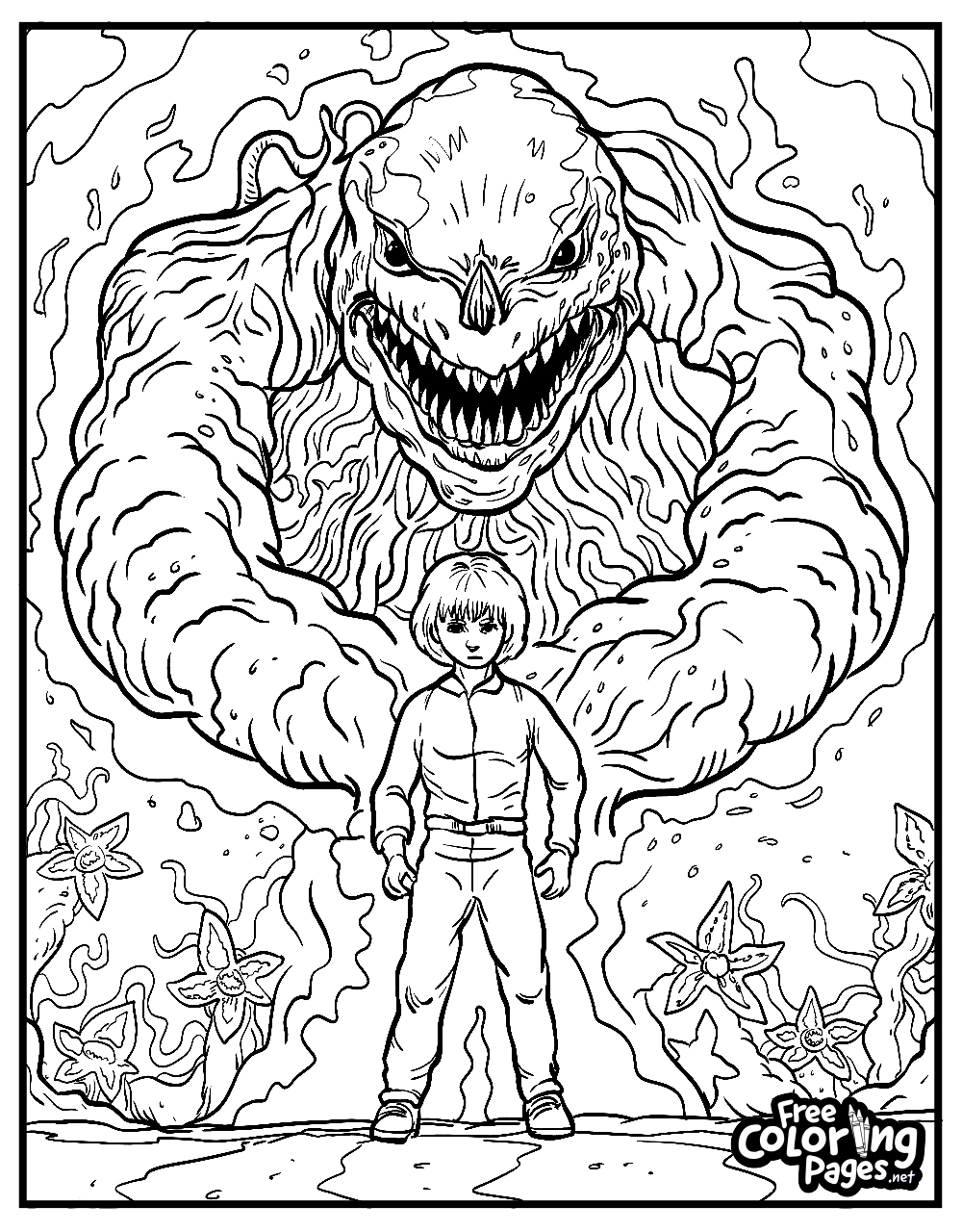 Halloween Stranger Things adult coloring pages printable depicting an epic confrontation between a courageous character and a monstrous creature, set against a backdrop of otherworldly flames