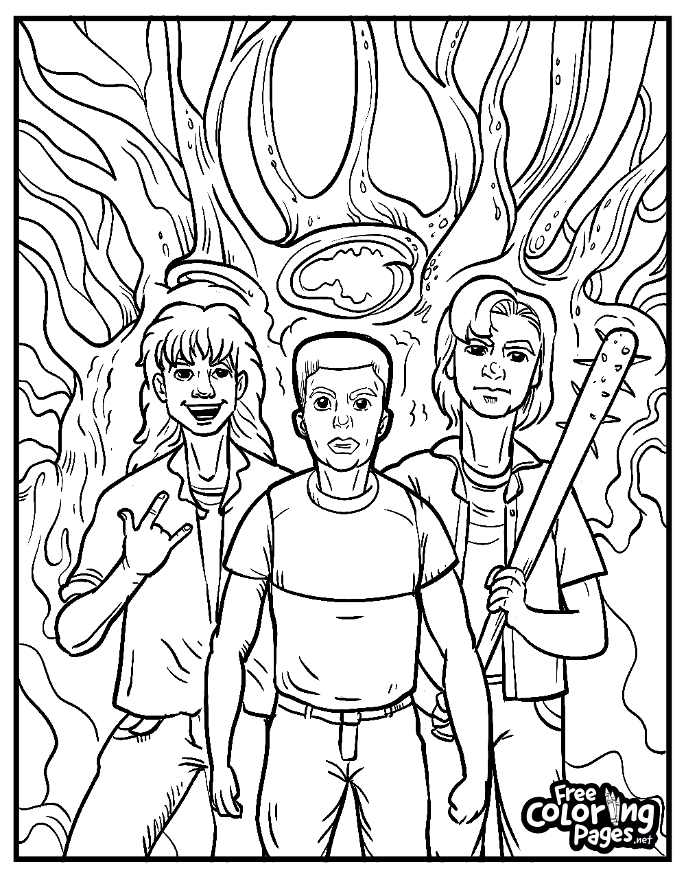 Halloween Stranger Things coloring sheets for kids featuring three friends, with one holding a baseball bat, ready for action amidst a tangled forest backdrop