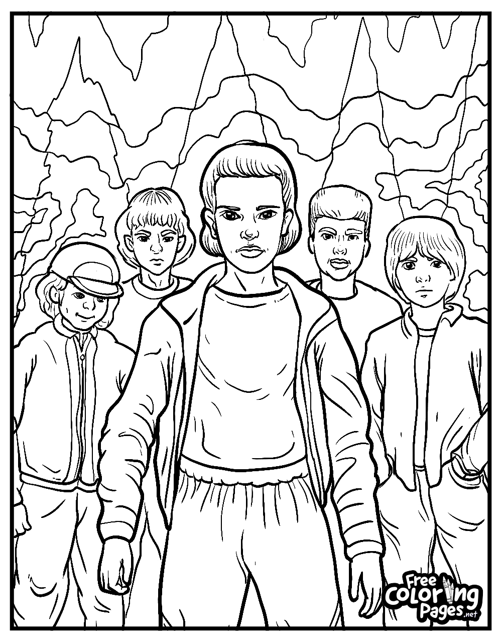 Halloween Stranger Things coloring pages for adults, capturing a poignant moment with a group of friends standing together, united against an eerie lightning-struck sky