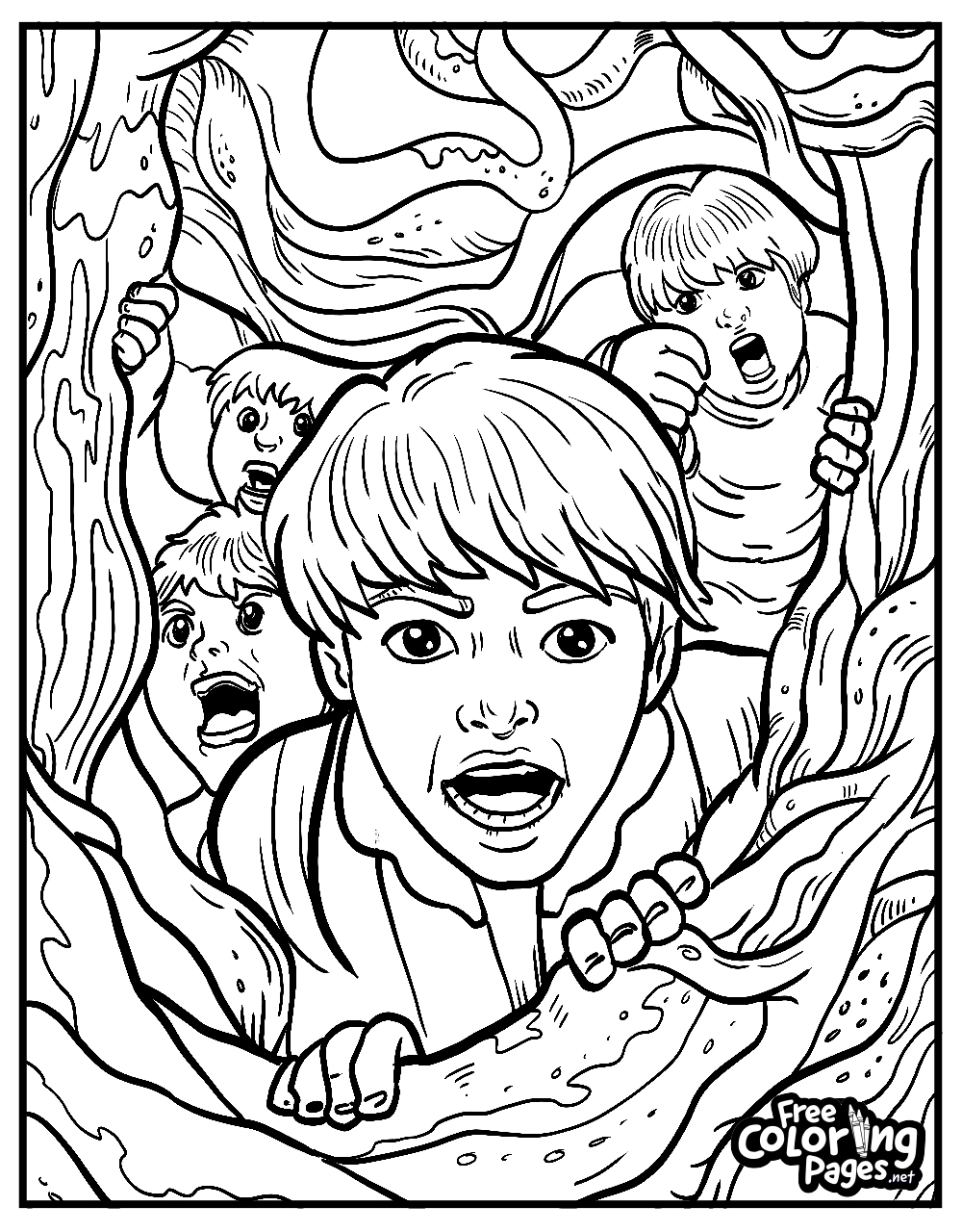Halloween Stranger Things kids coloring pages present a climactic scene of a character swinging on a vine, with expressions of fear and determination during a daring escape