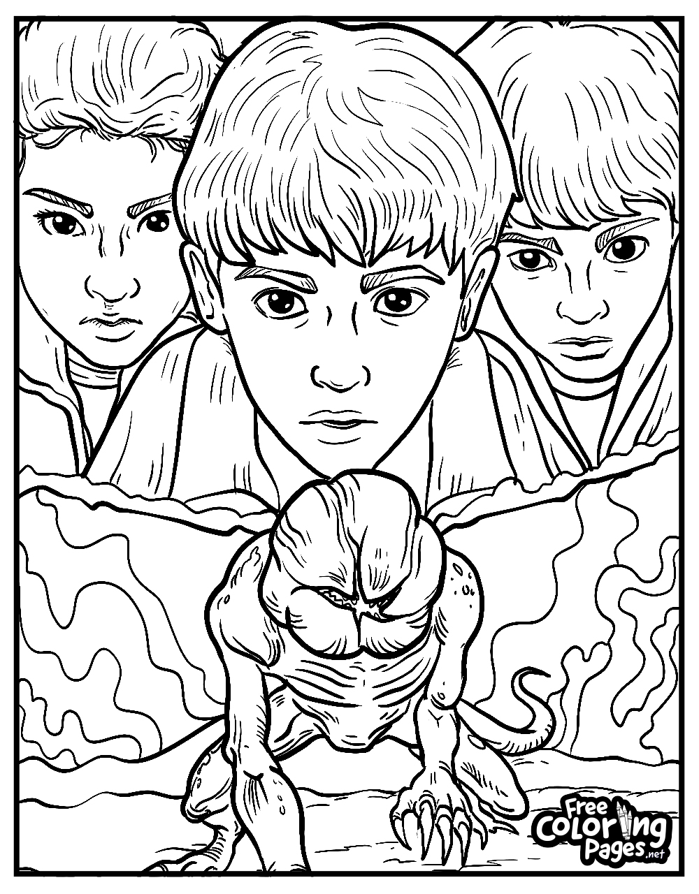 Halloween Stranger Things free coloring pages printable display a moment of discovery, with friends encountering a strange, otherworldly creature in a surreal landscape