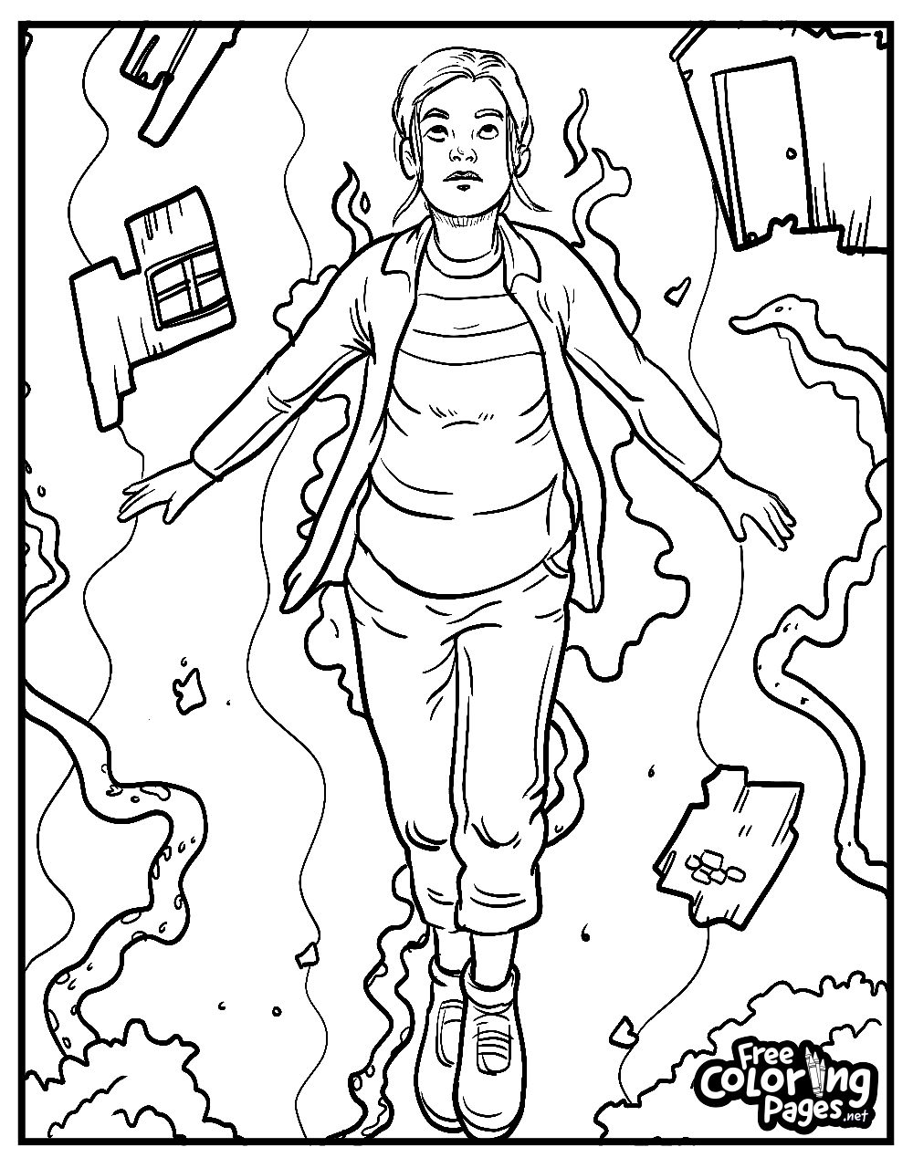 Halloween Stranger Things coloring page offers a unique scene of a character levitating amidst a chaos of objects, providing a challenge for colorists seeking intricate patterns