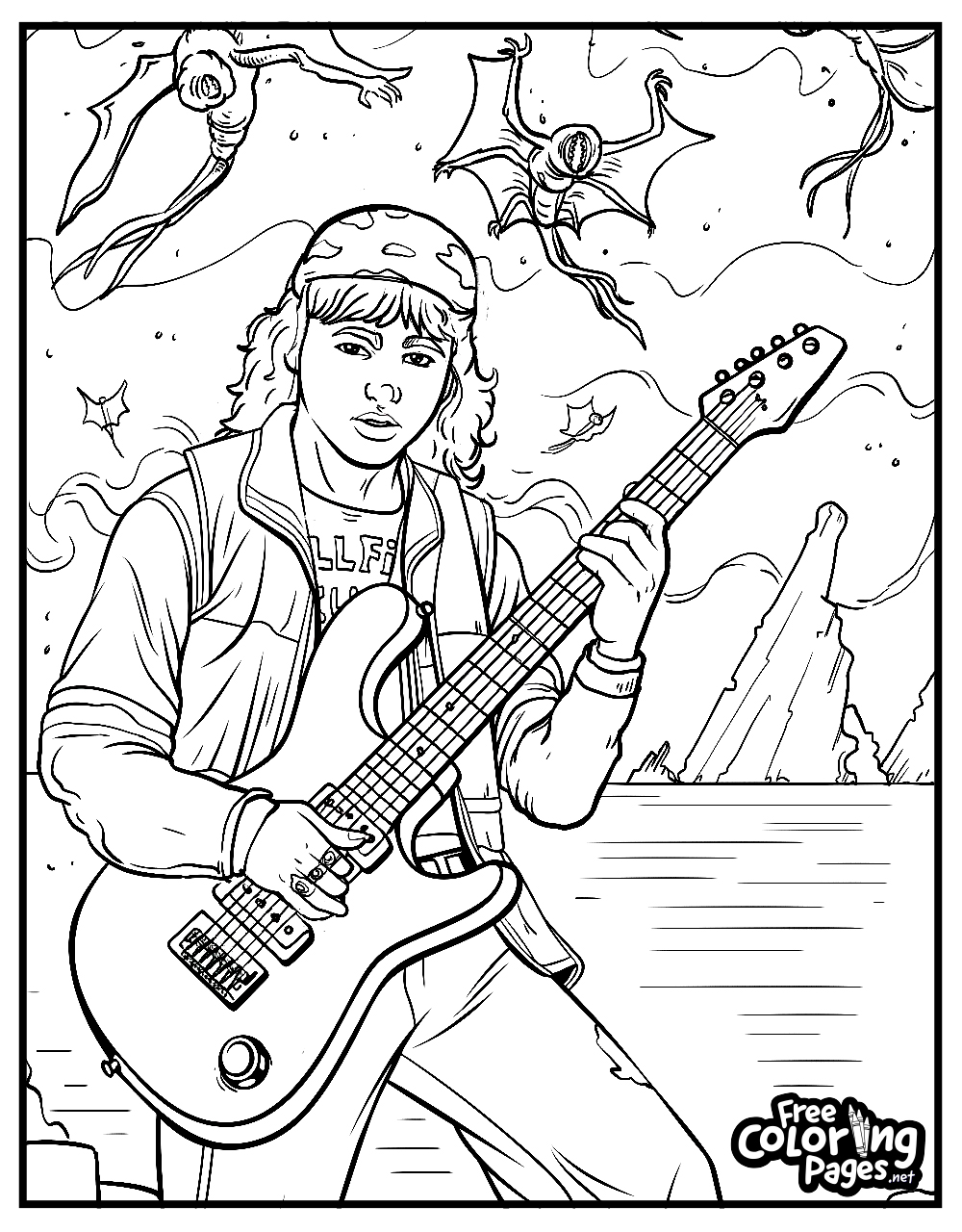 Halloween Stranger Things easy coloring pages featuring a young musician with an electric guitar, surrounded by mystical flying creatures and starry accents