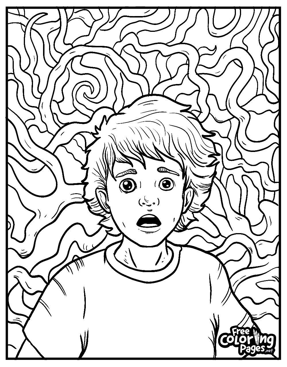 Halloween Stranger Things coloring sheets for kids illustrating a moment of shock, with a character against a swirling, abstract backdrop, perfect for a spooky coloring experience