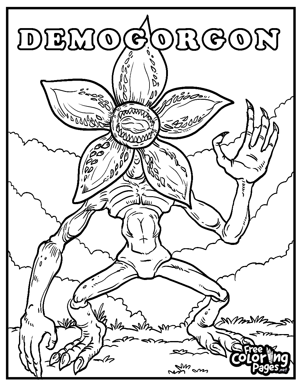 Halloween Stranger Things coloring sheets showing a menacing Demogorgon creature, inviting adults and kids to add eerie colors to its design