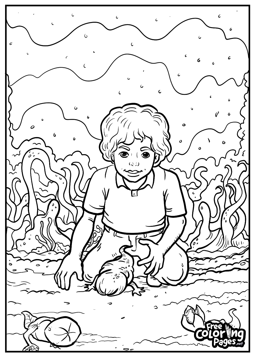 Halloween Stranger Things free coloring pages for kids depict a young child in contemplation, with an unearthly sea creature washed ashore, set in a mysterious oceanic scene