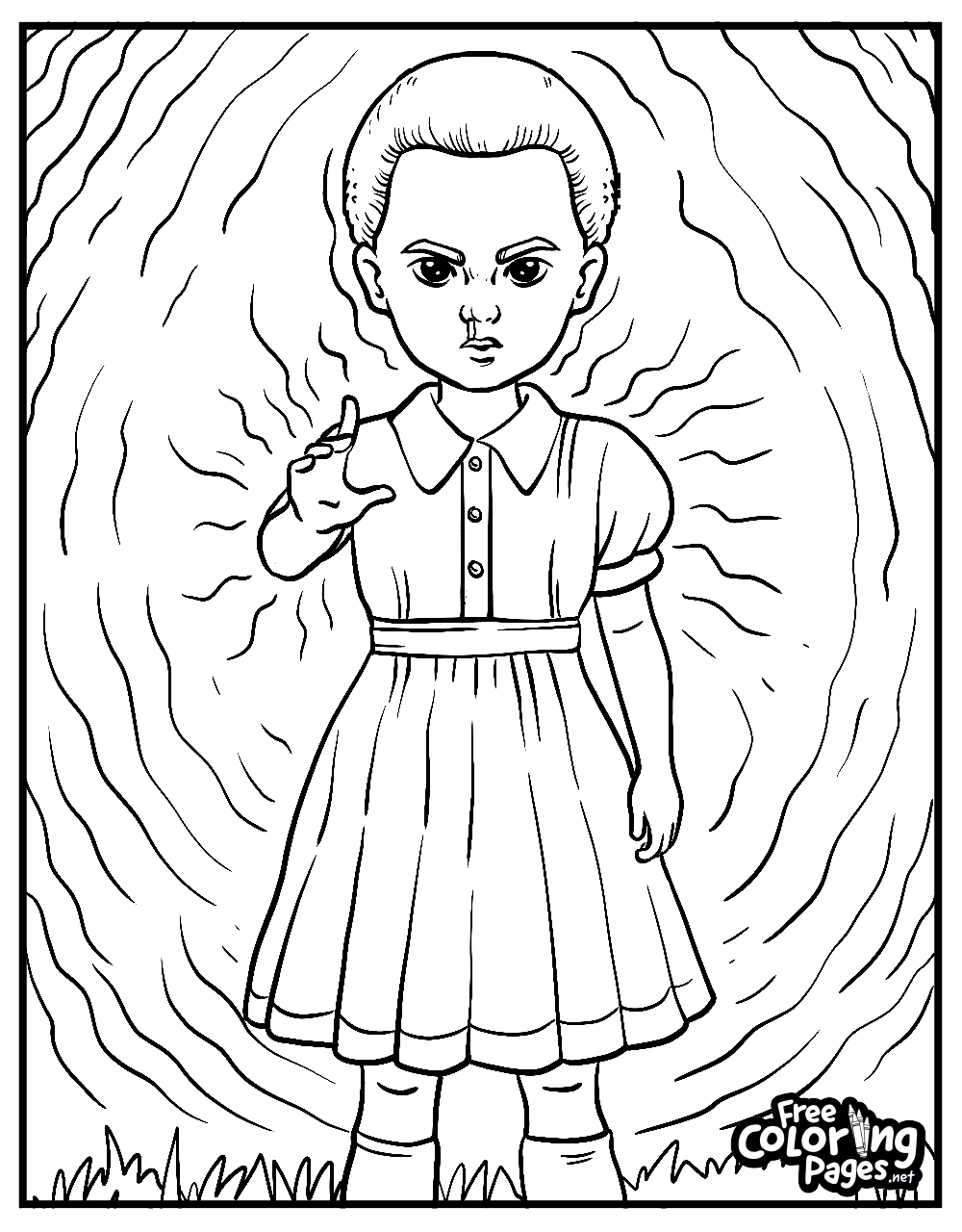 Halloween Stranger Things printable coloring pages presenting a character with telekinetic abilities, set against a dynamic background